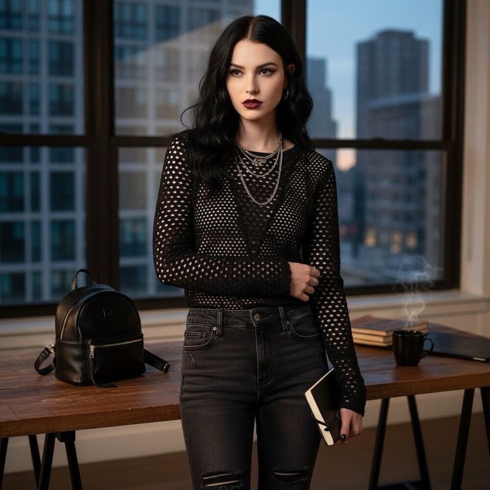 BCBGMAXAZRIA Perforated Top Women’s S Black Sheer Mesh Fishnet Open Knit Long